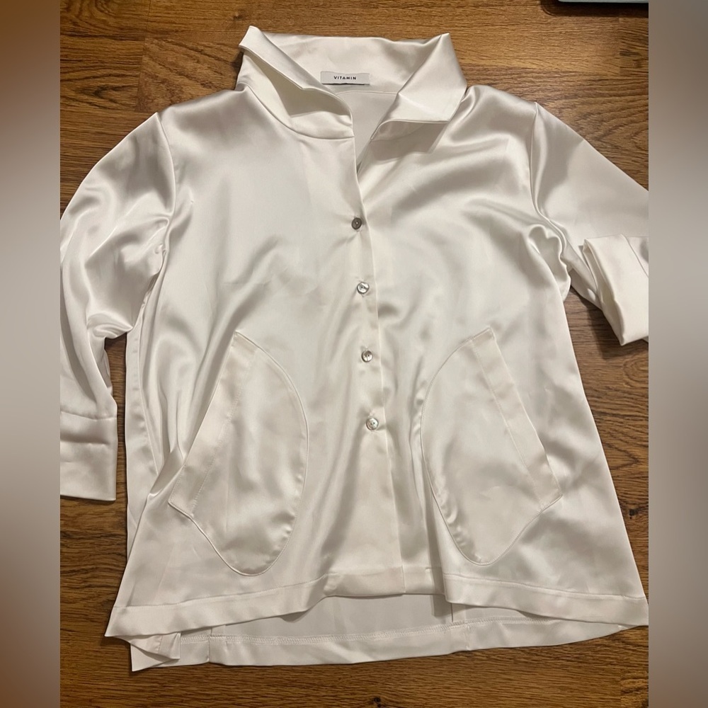 Vitamin Satin Blouse silky preppy tuckernuck Anthropologie revolve poplin